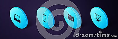 Set Isometric Dead monitor, New, email incoming message, mobile and Social media inbox icon. Vector Vector Illustration