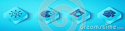 Set Isometric Dollar, share, network, Earth globe with dollar, Computer monitor with graph chart and Graph, chart Vector Illustration
