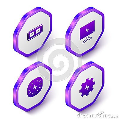 Set Isometric Electrical outlet, Smart Tv, Lightning bolt and Gear and lightning icon. Purple hexagon button. Vector Vector Illustration