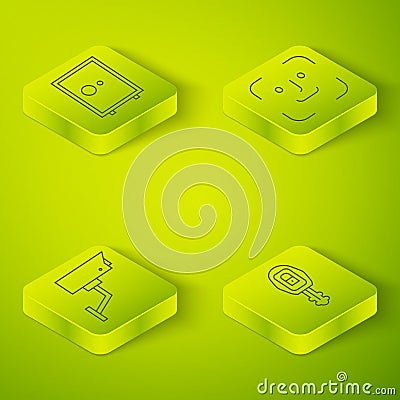 Set Isometric Face recognition, Security camera, Car key with remote and Safe icon. Vector Vector Illustration