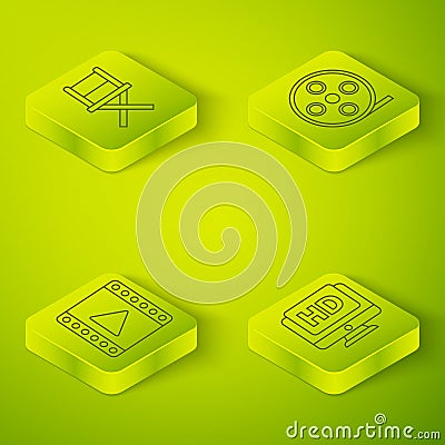 Set Isometric Film reel, Play Video, Monitor with HD video and Director movie chair icon. Vector Vector Illustration