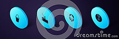 Set Isometric Fishing hook, Inflatable boat, float water and bucket icon. Vector Vector Illustration