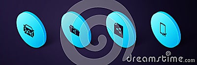Set Isometric Flight mode in the mobile, Share file, folder and Car sharing icon. Vector Stock Photo