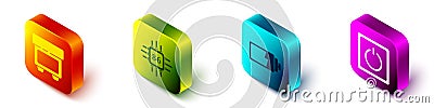 Set Isometric Fuse, Processor with microcircuits CPU, Battery charge level indicator and Electric light switch icon Vector Illustration