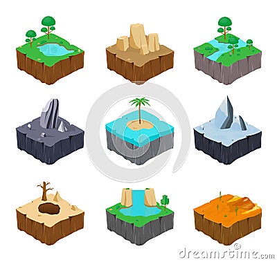 Set of isometric game islands. Cute lake, river, rock, river, island, ice, desert, waterfall, canyon locations. Colorful Vector Illustration