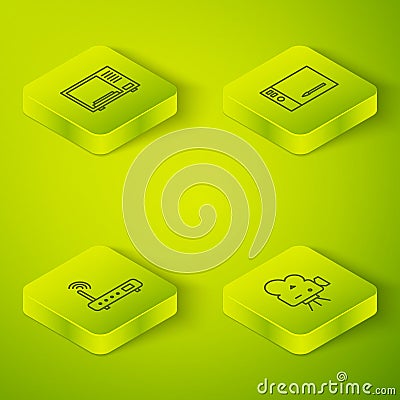 Set Isometric Graphic tablet, Router and wi-fi signal, Retro cinema camera and Microwave oven icon. Vector Vector Illustration