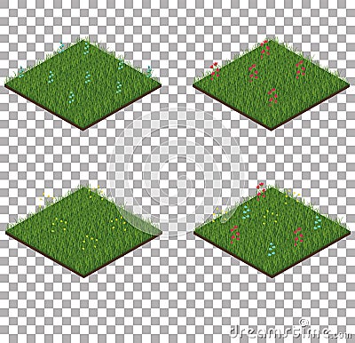 Set of isometric grass tiles with flowers Vector Illustration