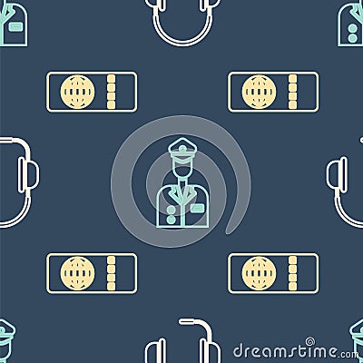 Set Isometric Headphones with microphone, Airline ticket and Pilot icon. Vector Vector Illustration