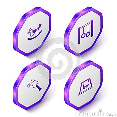 Set Isometric Horse in saddle swing, Gymnastic rings, Toy horse and Swing for kids icon. Purple hexagon button. Vector Vector Illustration