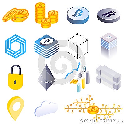 Set of isometric icons with equipment for cryptocurrency mining, blockchain and security, exchange rates, lock pad, Bitcoin, Ether Cartoon Illustration