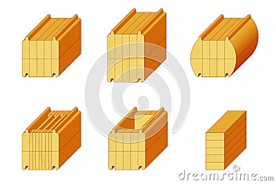 Set of isometric icons for types of timbers. Various wooden materials for the construction of prefabricated buildings. Vector Illustration