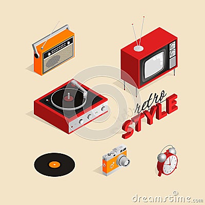 A set of isometric illustrations of vintage objects. Vector Illustration