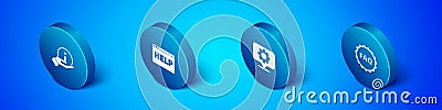Set Isometric Information, Location with gear, Label text FAQ and Browser help icon. Vector Vector Illustration
