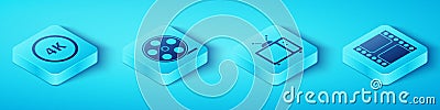 Set Isometric 4k Ultra HD, Film reel, Play Video and Retro tv icon. Vector Vector Illustration