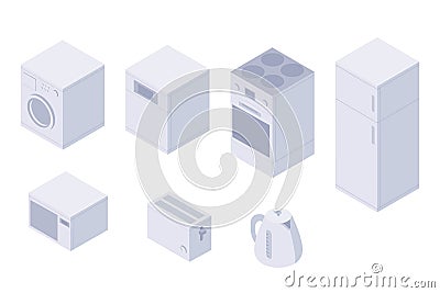 Set of isometric kitchen home utilities. A washing machine, dishwasher, oven, stove, fridge, microwave, toster, kettle. Vector Illustration