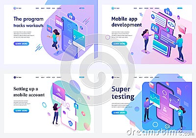 Set isometric landing pages, concept mobile application testing, mobile application development and setting up. For website Vector Illustration