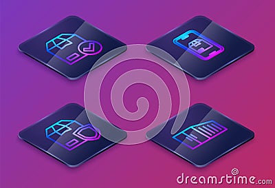 Set Isometric line ackage box with check mark, Delivery security shield, Mobile app delivery tracking and Container Vector Illustration