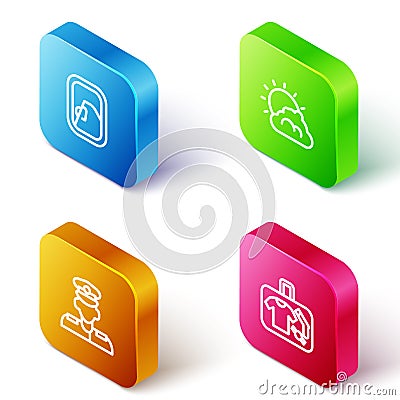Set Isometric line Airplane window, Sun and cloud weather, Pilot and Suitcase icon. Vector Stock Photo