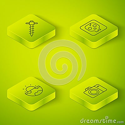 Set Isometric line Archeology, Earth core structure crust, Photo camera and Construction jackhammer icon. Vector Vector Illustration