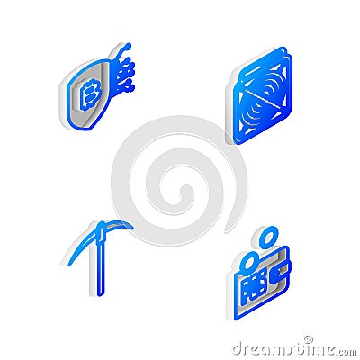 Set Isometric line ASIC Miner, Shield with bitcoin, Pickaxe and Proof of stake icon. Vector Vector Illustration