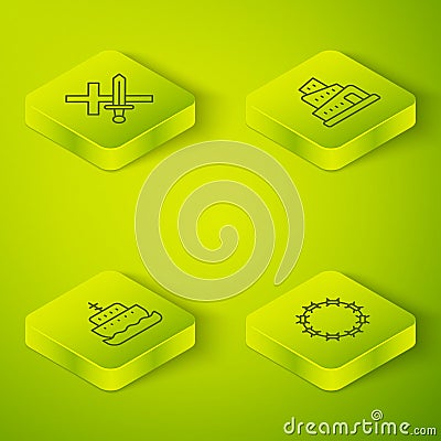 Set Isometric line Babel tower bible story, Ark of noah, Crown thorns and Crusade icon. Vector Vector Illustration