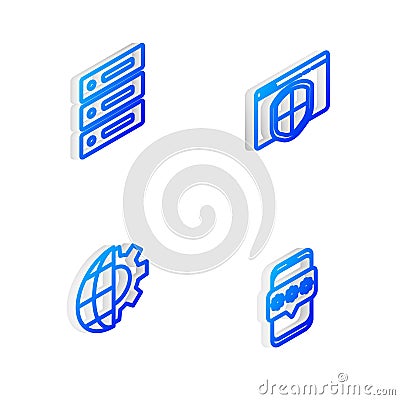 Set Isometric line Browser with shield, Server, Data, Web Hosting, Globe of the Earth and gear and Mobile password icon Stock Photo