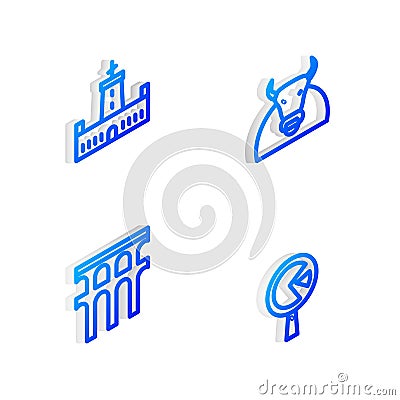 Set Isometric line Bull, Montjuic castle, Aqueduct of Segovia and Omelette in frying pan icon. Vector Vector Illustration