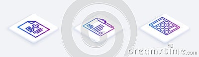 Set Isometric line Calculator, Open book and Triangle math. White square button. Vector Vector Illustration