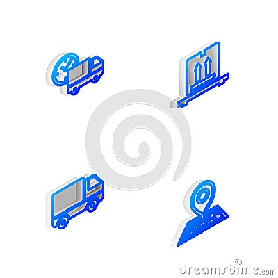 Set Isometric line Cardboard boxes on pallet, Delivery truck and clock, cargo vehicle and Placeholder map icon. Vector Vector Illustration