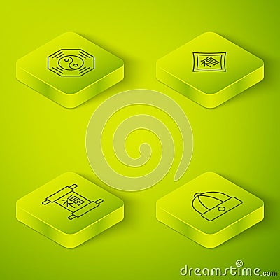 Set Isometric line Chinese New Year, hat and Yin Yang symbol icon. Vector Vector Illustration