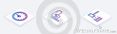 Set Isometric line Clock, Security camera and Judge gavel. White square button. Vector Vector Illustration