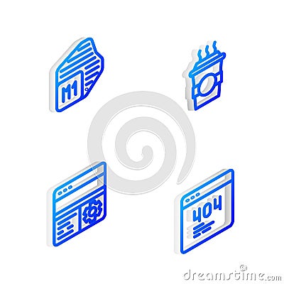 Set Isometric line Coffee cup to go, Processor, Debugging and Page with a 404 error icon. Vector Vector Illustration