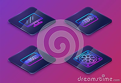Set Isometric line Computer monitor screen, SSHD card, Hard disk drive HDD and cooler. Blue square button. Vector Vector Illustration