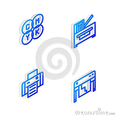 Set Isometric line Copy machine, CMYK color mixing, Printer and Plotter icon. Vector Vector Illustration