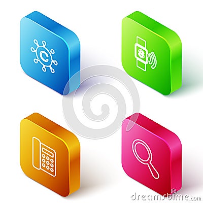 Set Isometric line Copywriting network, Contactless payment, Telephone and Magnifying glass icon. Vector Vector Illustration