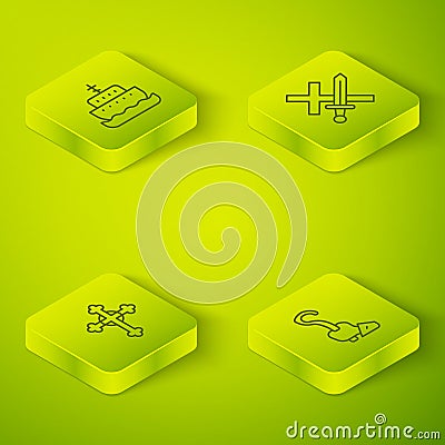 Set Isometric line Crusade, Christian cross, Magic staff and Ark of noah icon. Vector Vector Illustration