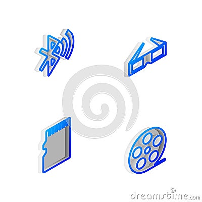 Set Isometric line 3D cinema glasses, Bluetooth connected, Micro SD memory card and Film reel icon. Vector Vector Illustration