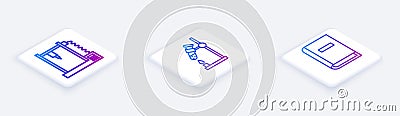 Set Isometric line 3D printer, Test tube flask on fire and User manual. White square button. Vector Vector Illustration