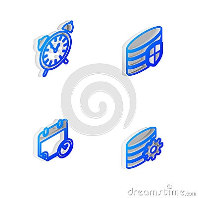 Set Isometric line Database protection, Alarm clock, Calendar and and Setting database server icon. Vector Stock Photo