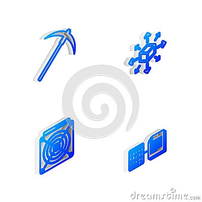 Set Isometric line Distribution, Pickaxe, ASIC Miner and Smart contract icon. Vector Stock Photo