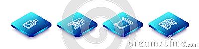 Set Isometric line Fabric softener, Wet floor and cleaning in progress, Trash can and Bottles for agent icon. Vector Vector Illustration
