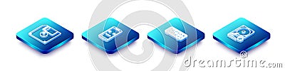 Set Isometric line Floppy disk, Dead mobile, Retro flip clock and Hard drive HDD sync refresh icon. Vector Vector Illustration