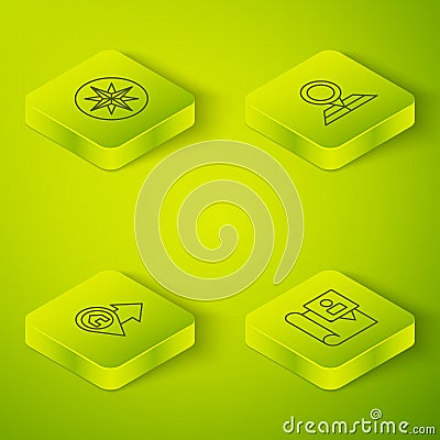 Set Isometric line Folded map with location marker, Location house, and Wind rose icon. Vector Vector Illustration