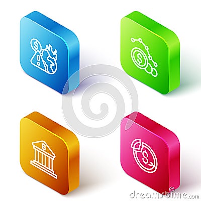 Set Isometric line Global economic crisis, Dollar rate decrease, Bank building and icon. Vector Vector Illustration