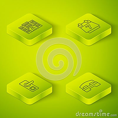 Set Isometric line Hotel booking calendar, Digital door lock, room bed and building icon. Vector Stock Photo