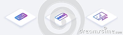 Set Isometric line Keyboard, SSHD card and Computer monitor screen. White square button. Vector Vector Illustration