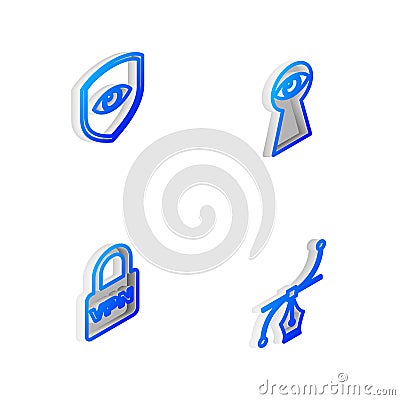Set Isometric line Keyhole with eye, Shield and, Lock VPN and Bezier curve icon. Vector Vector Illustration