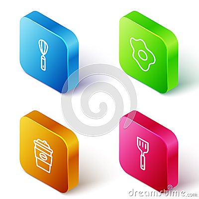 Set Isometric line Kitchen whisk, Scrambled eggs, Coffee cup to go and Spatula icon. Vector Vector Illustration