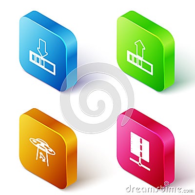 Set Isometric line Loading, , UFO abducts cow and Server, Data, Web Hosting icon. Vector Stock Photo
