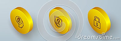 Set Isometric line Lock, Shield security with lock and icon. Vector Vector Illustration